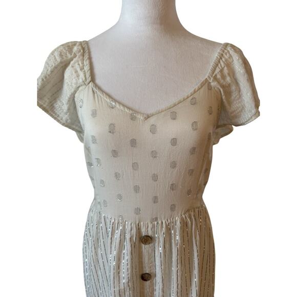 NAOO Nation Ak White Maxi Dress Peasant Boho Eyelet Tiered Shimmer Size M - Picture 1 of 8